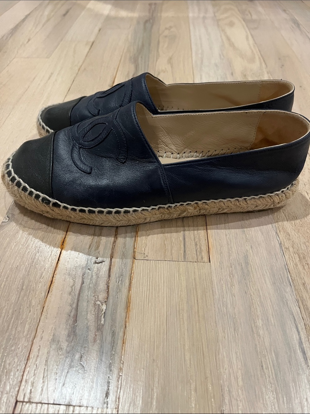 CHANEL Black Leather Two-Tone Espadrilles with Black Cap Toe - Picture 11 of 15